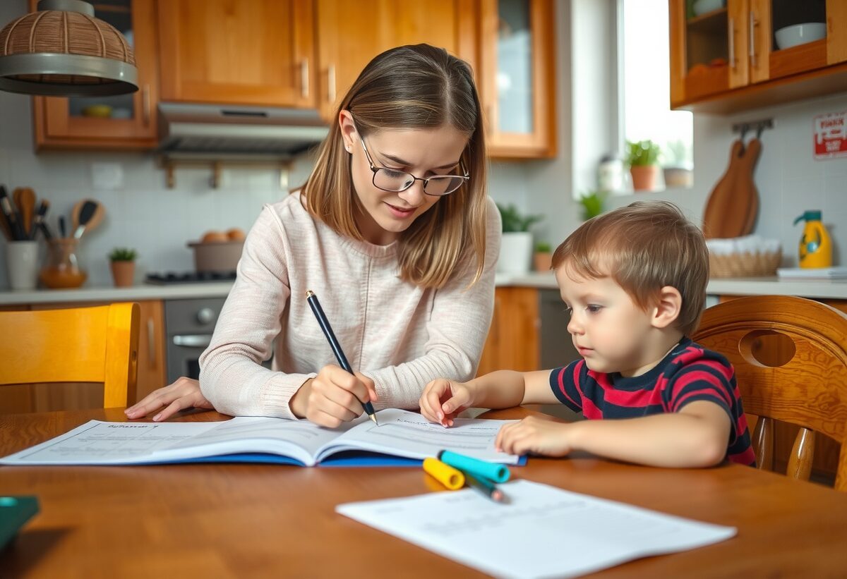 Madre acompañando a su hijo mientras practica escritura con su cuaderno en casa