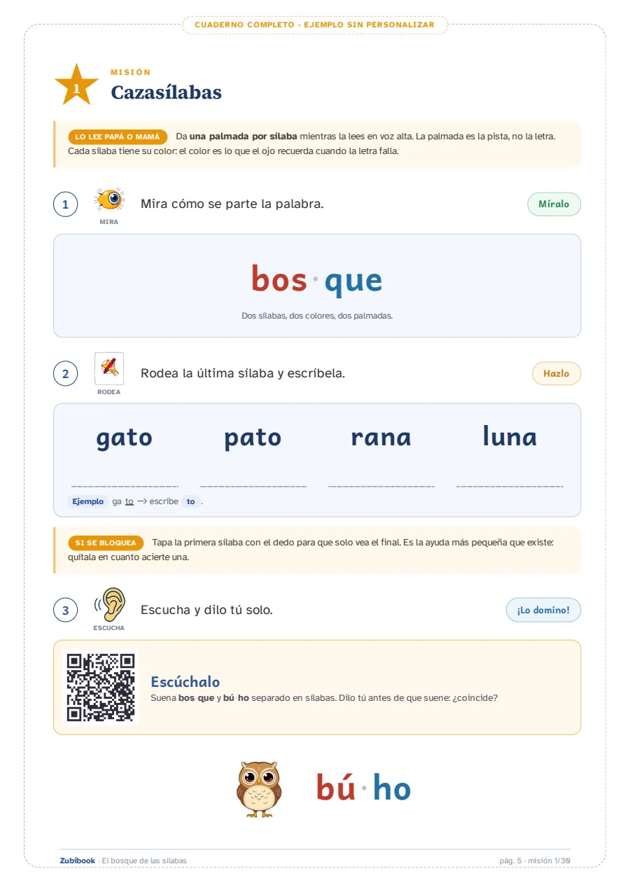 Página real del cuaderno de dislexia: la misión Cazasílabas, con la palabra bosque separada en bos-que y una sílaba de cada color