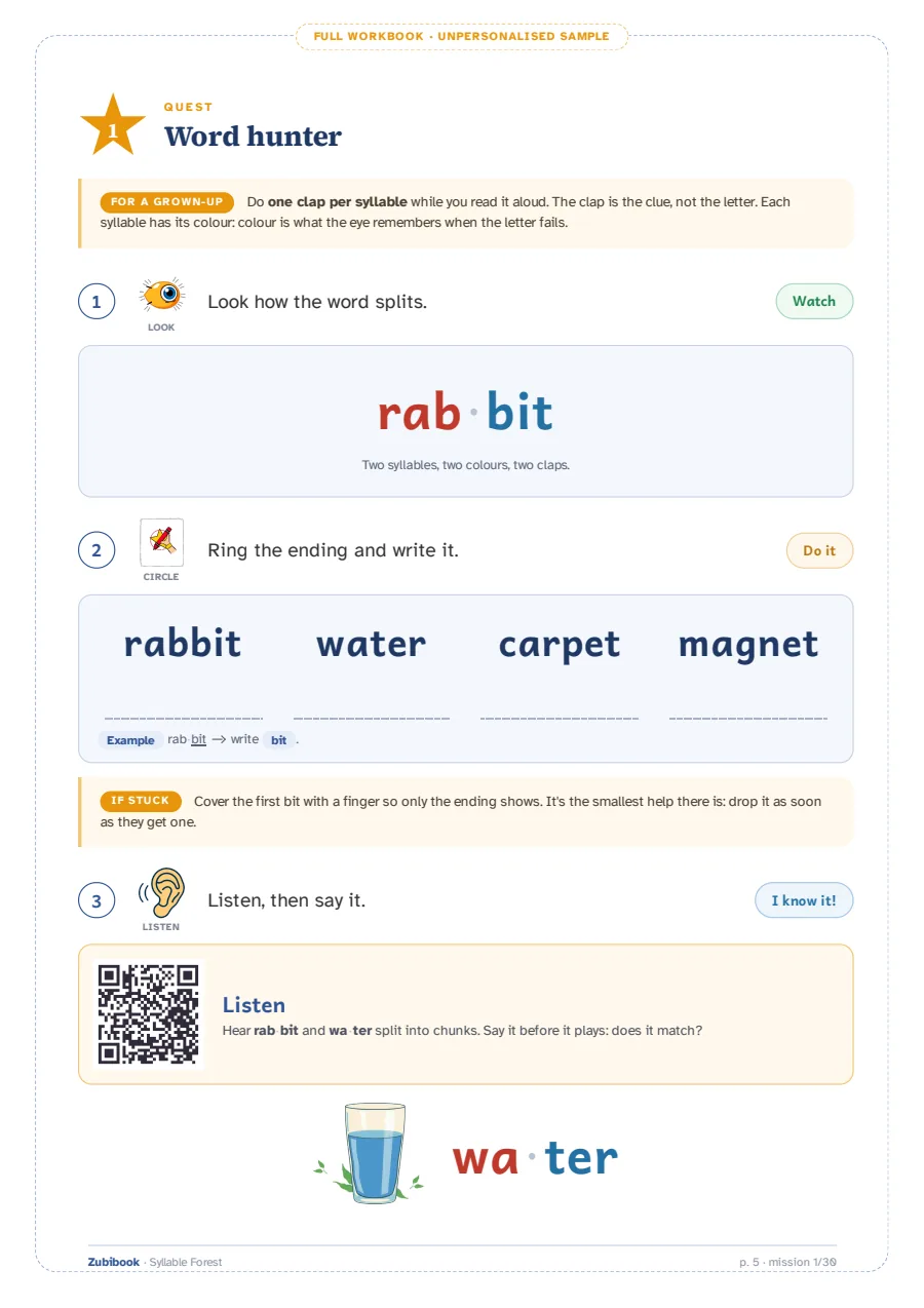 A real page from the dyslexia workbook: the Syllable Hunter mission, with the word forest split into for-est and each syllable in its own color