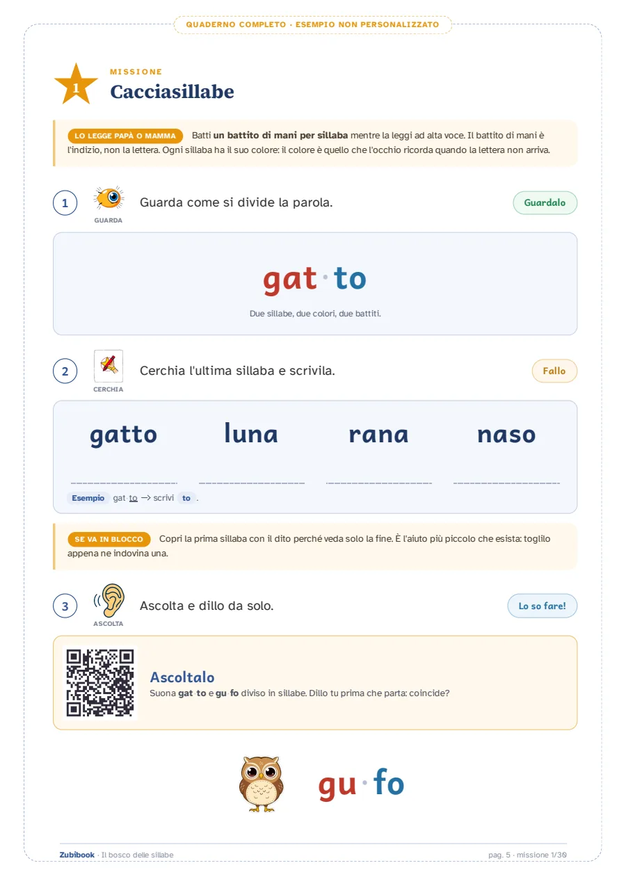 Una pagina vera del quaderno di dislessia: la missione Cacciasillabe, con la parola bosco divisa in bo-sco e ogni sillaba di un colore