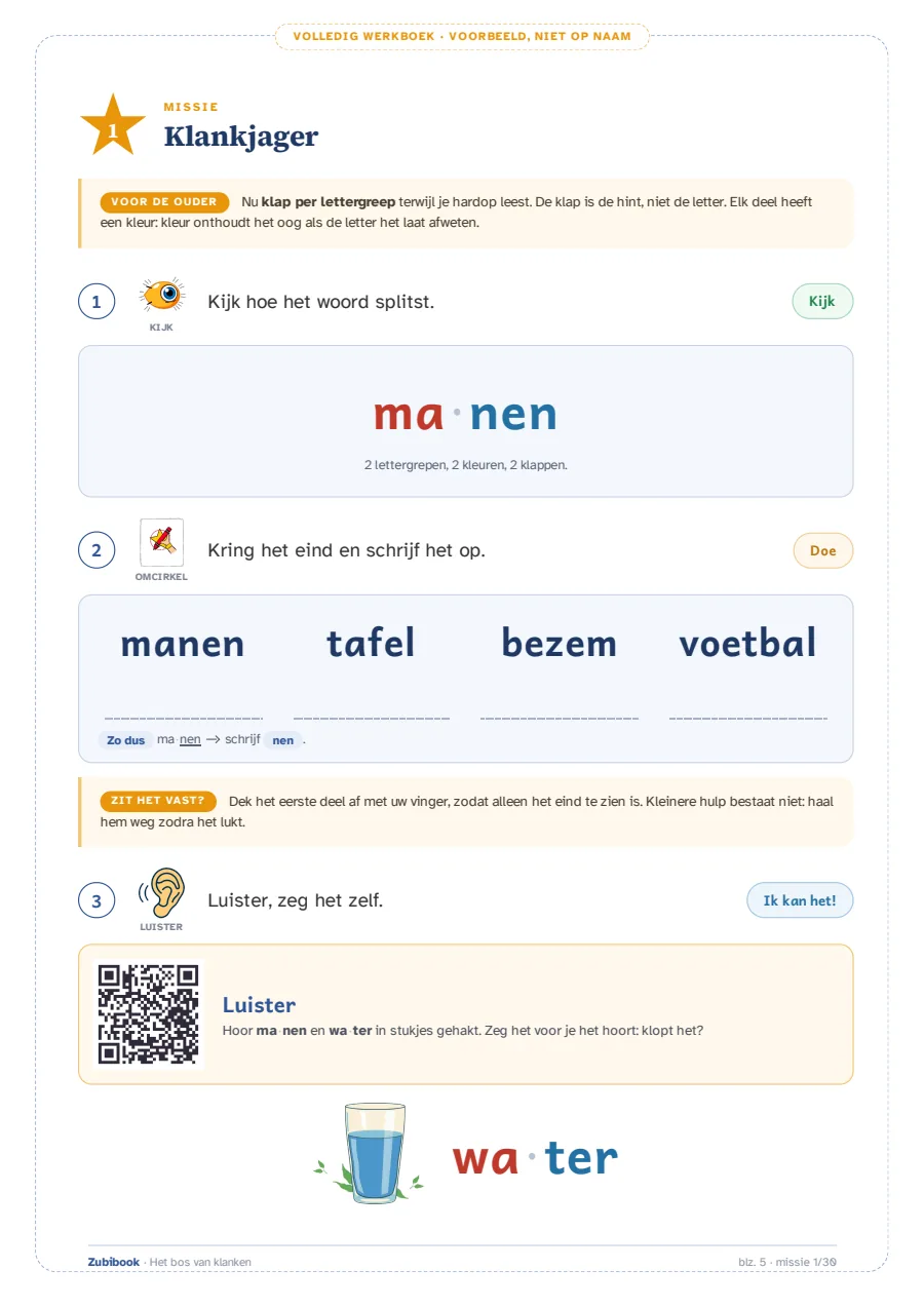 Een echte bladzijde uit het dyslexiewerkboek: de missie Lettergreepjager, met het woord bos in lettergrepen gesplitst en elke lettergreep in een eigen kleur
