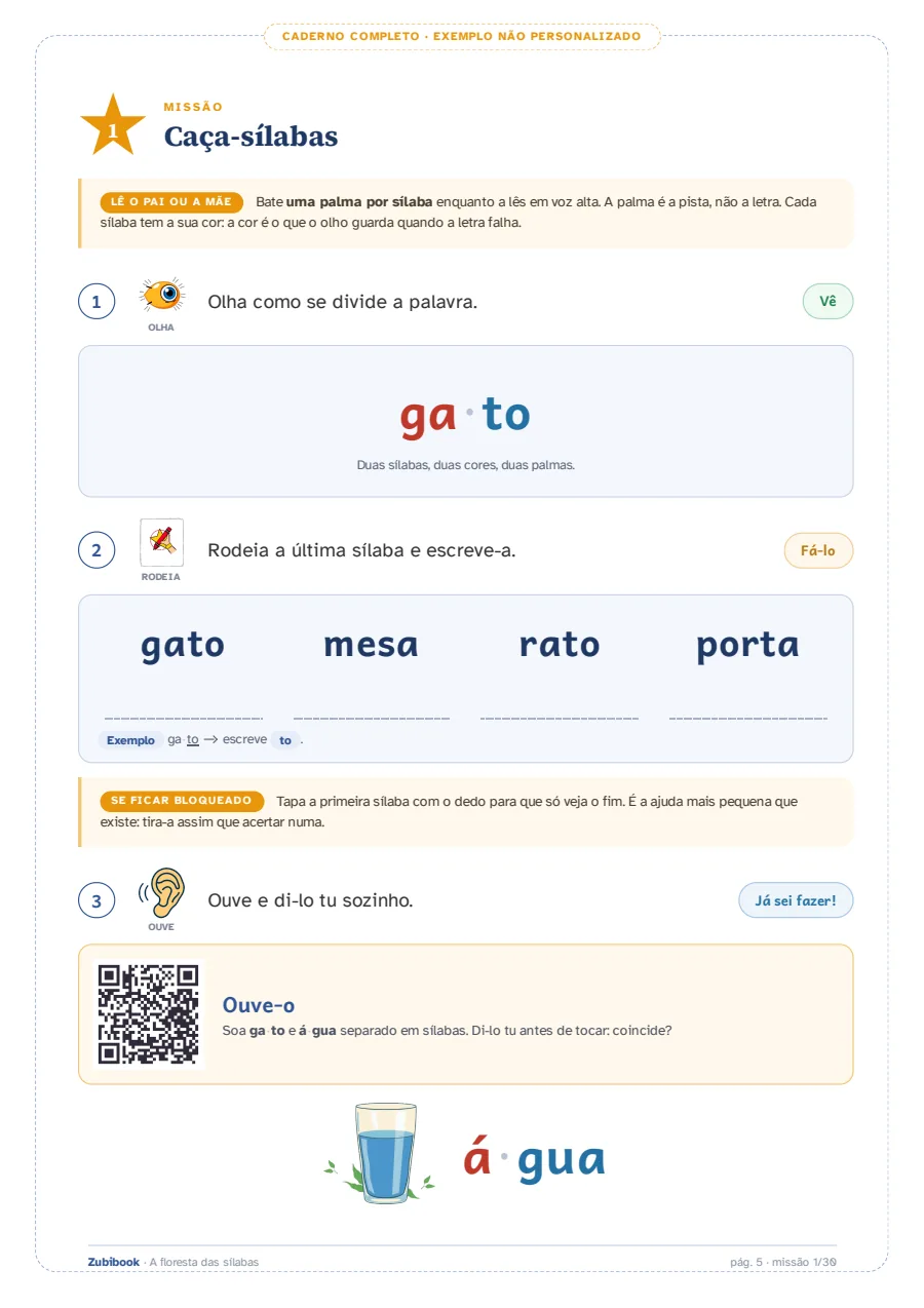 Uma página verdadeira do caderno de dislexia: a missão Caçador de sílabas, com a palavra bosque separada em bos-que e cada sílaba de uma cor